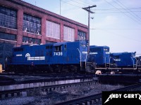 Several Conrail Ontario assigned Geeps crowd the St. Thomas, Ontario shop tracks awaiting their next assignments. 