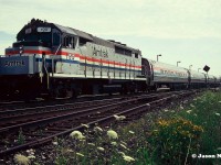 Amtrak GP40TC 199 is pictured during its station stop at the Aldershot, Ontario station on the CN Oakville Subdivision. This unit was originally built in December 1966 as CN 607 and later became GO Transit 607 upon the formation of the commuter agency during spring 1967.