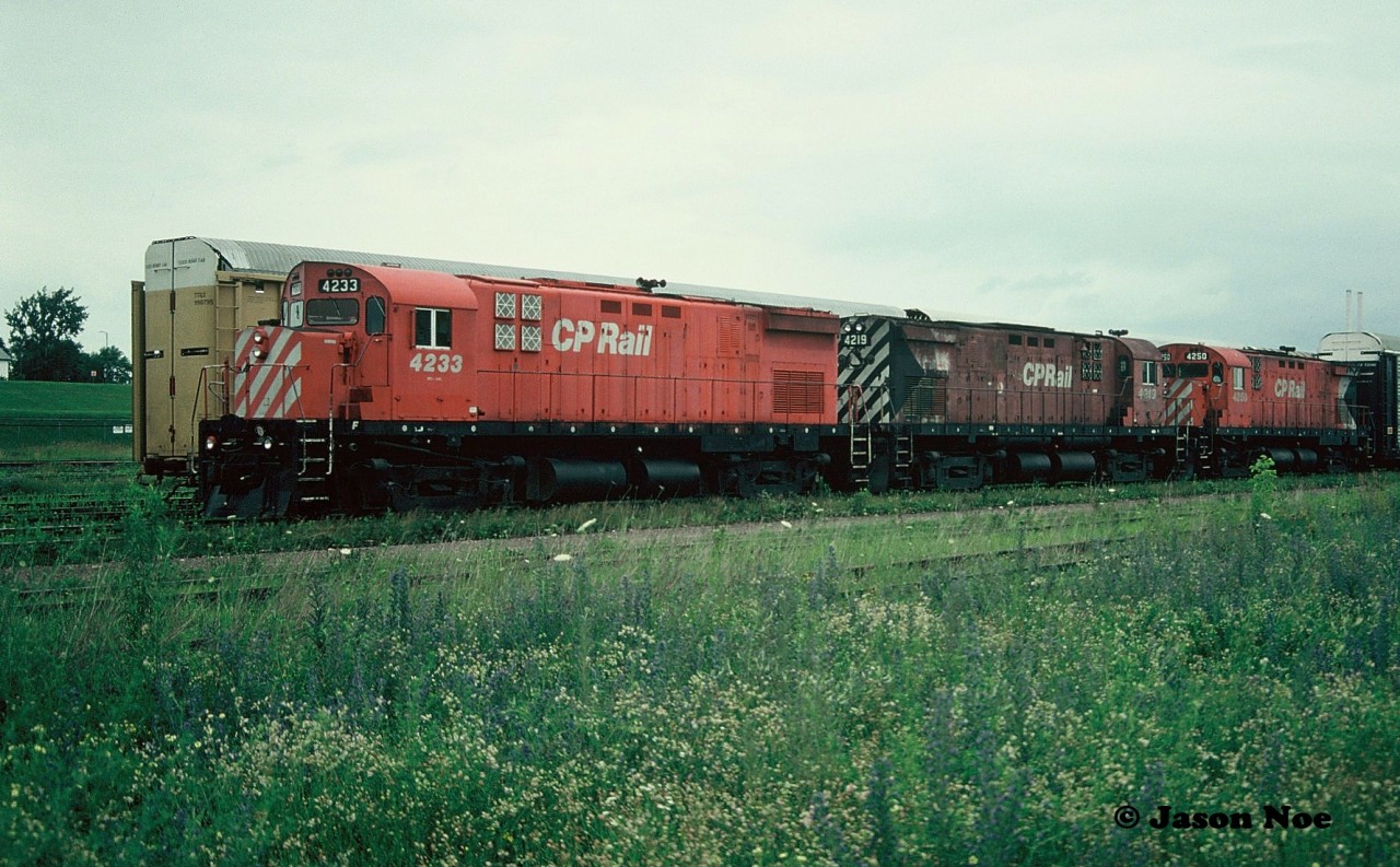 Three C-424’s are viewed after arriving with a westbound train at CP’s Quebec Street Yard in London, Ontario. They included; 4233, 4219 and 4250.