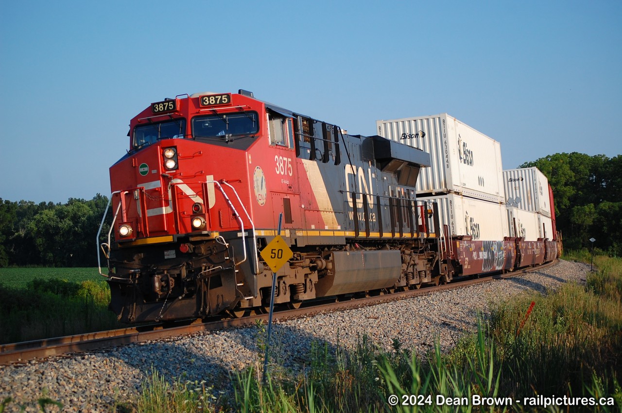 CPKC 132 heads northbound with CN ES44AC 3875 and DPU: CN ES44AC 2925. It is not common to see CN power on the CPKC Hamilton Sub on Aug 4/24