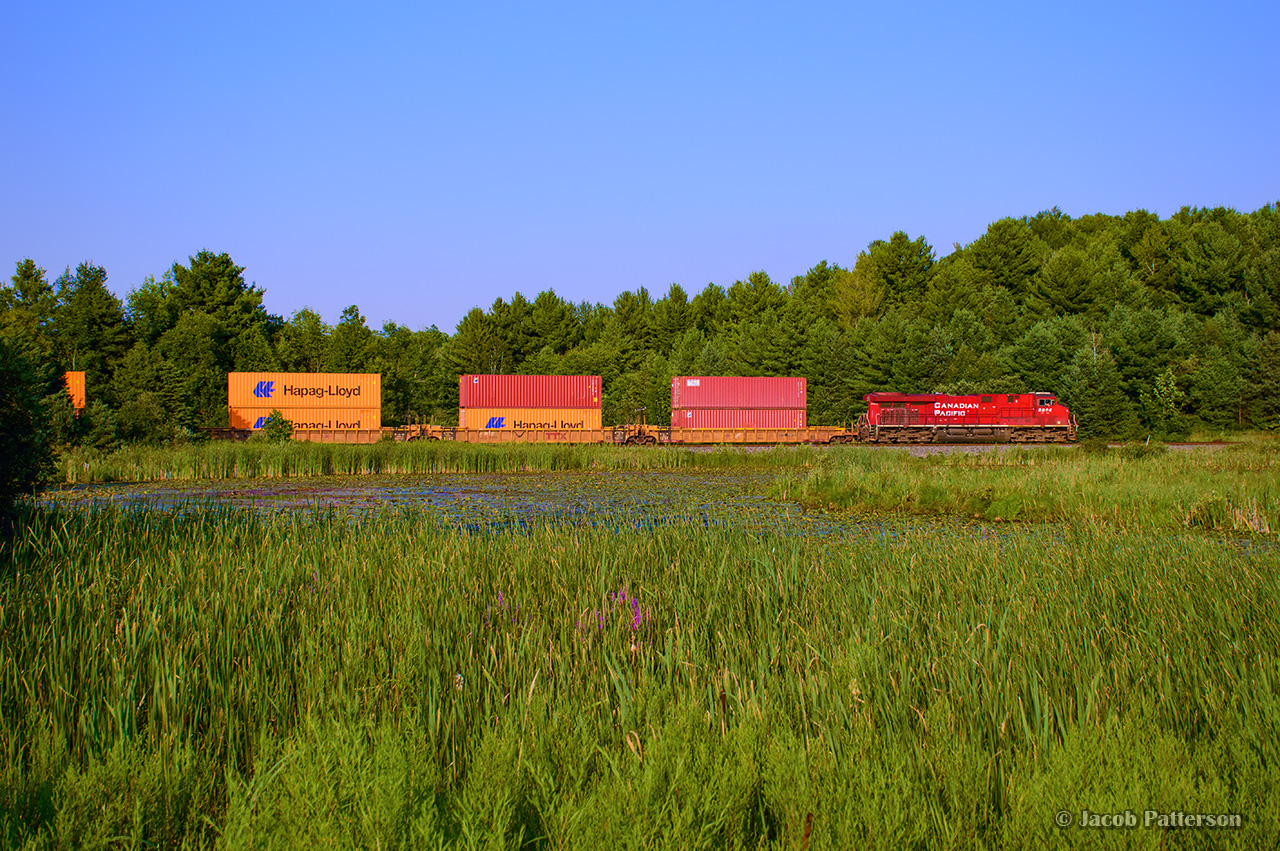 CPKC 100 nears the end of its journey at Vaughn Intermodal Terminal, curving through the swamp at Palgrave.  CPKC 112 is running about 10 minutes behind, and will take it slow for the next while as 100 passes VIT, making a reverse move into the yard.