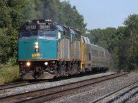 VIA 6429 leading VIA 063, VIA 6428 and VIA 903 trailing, 6 LRC coaches and VIA 6404 bringing up the tail end. At Eglinton GO Station.