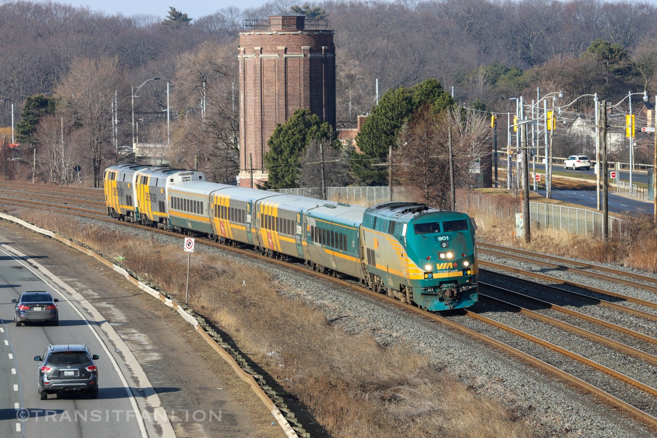 VIA 901 leading deadhead VIA 064/16 from TMC to Union Station, equipment move VIA 906 and VIA 903 on tail end for MMC.