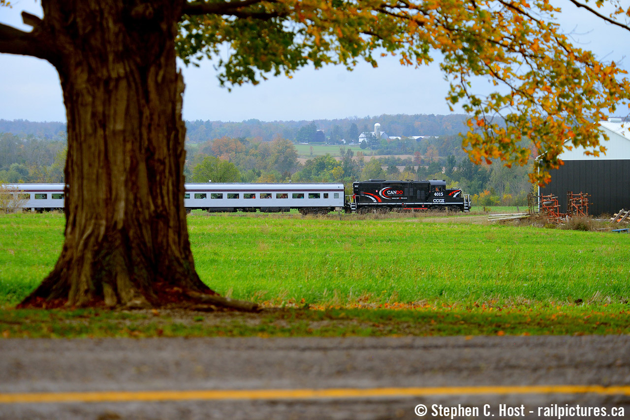 The Credit Valley Explorer tourist train trundles north through Cheltenham toward Boston Mills and Inglewood on the very scenic, very missed Orangeville Brampton Railway. Cando Engineer and Railpictures.ca photographer  Steve Bradley  was at the helm this day and it was just them and me, I seemed to be the only photographer chasing from the ground. I hope folks aboard took photos, what a view. This was during my 'once annual' visit in the fall to shoot these guys... I wish I shot this line more but I know what I have - this line was pure photographic gold. Many folks including Mr. Bradley posted shots here - check them out!