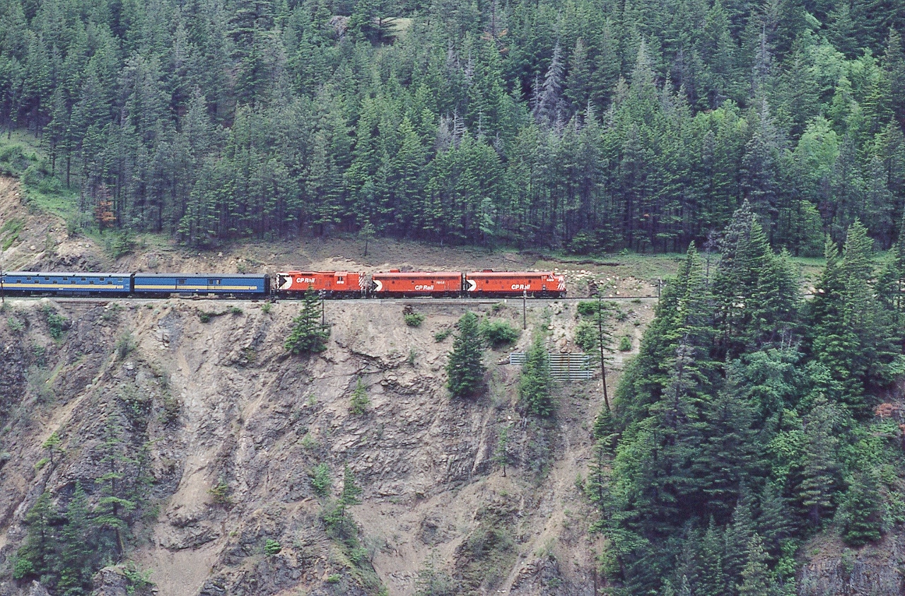 Daily VIA #2, somewhere (anyone can locate?) in the Fraser River canyon, May 8, 1980 Kodachrome by S.Danko