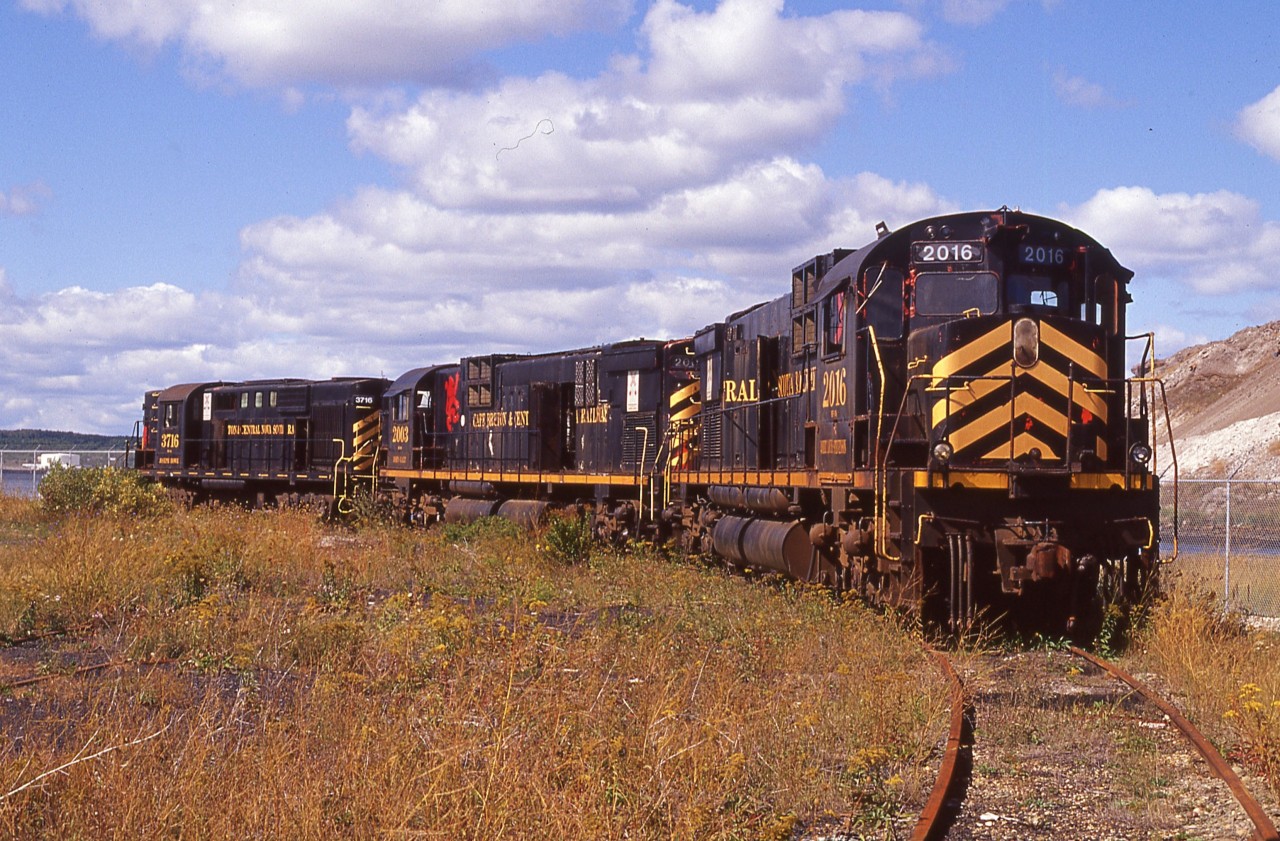 It has been nearly 13 years since I posted a shot of this trio dead at Sydney, Nova Scotia; with the 3716 in the lead.  I guess it is high time I posted from the OTHER end. :o) Here are CBNS 2016, 2003 and 3716 dormant in the afternoon sun, their lives on the CBNS over.
All units were sold in 2003, the pair of C-630M units were scrapped.