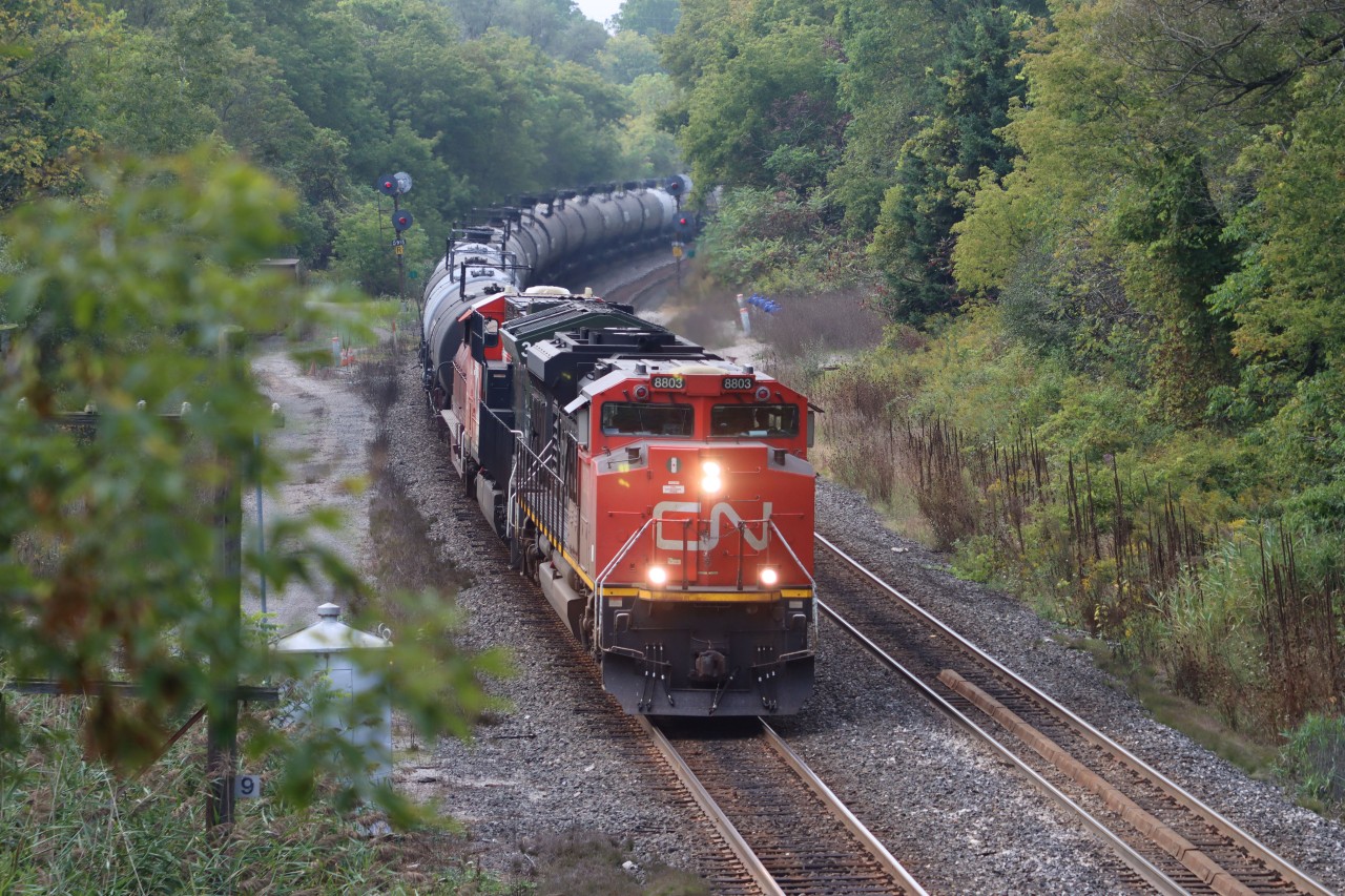 A424 slowly starting the descent down the Niagara Escarpment through Copetown. Trailing unit is CN 3015 (Veterans).