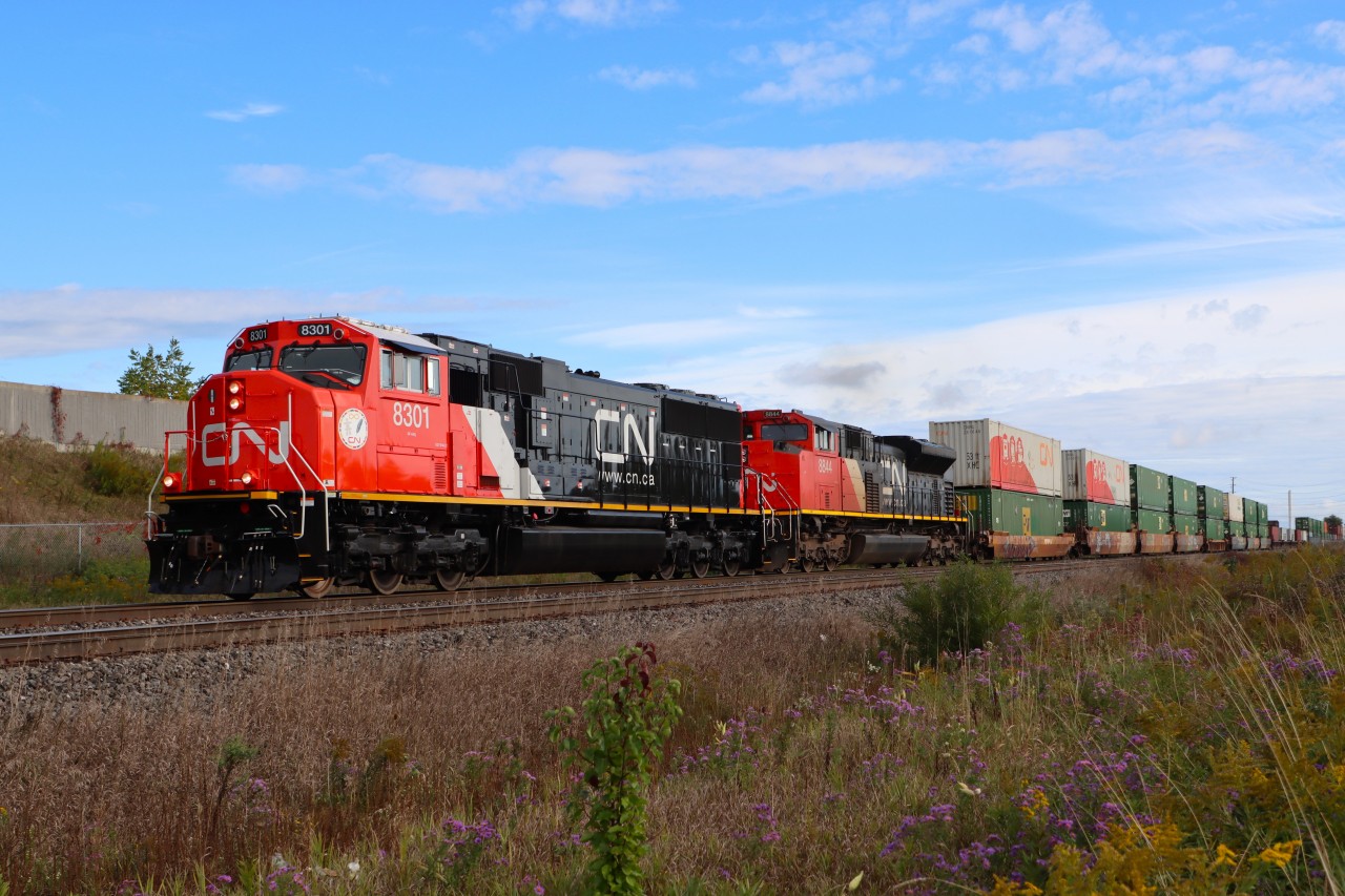 Former CN 5684 recently rebuilt as SD75IACC and renumbered CN 8301 is making easy work of the grade toward Tansley with Q122's train.