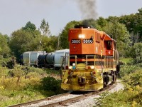 Slugless, it almost seems GEXR’s slugs spend more time out of service, then in. Maybe that’s the reason the other GW railways don’t mind sharing them. Over the years the GEXR has had several slug sets assigned to is operations in Southern Ontario. Sets 3800/800 and 3804/804 are currently assigned the the Guelph Junction operations although a few weeks ago 3800 was mated to 804. This week visit found 804 missing and 3800 running north long hood forward. A decent catch considering most crew probably prefer running short hood forward. This view visibly shows the extra cables added to the mother unit in order to power the slug. Here train 583 heads north just south of Corwhin after clearing out all the cars stored in the siding at Moffat. 