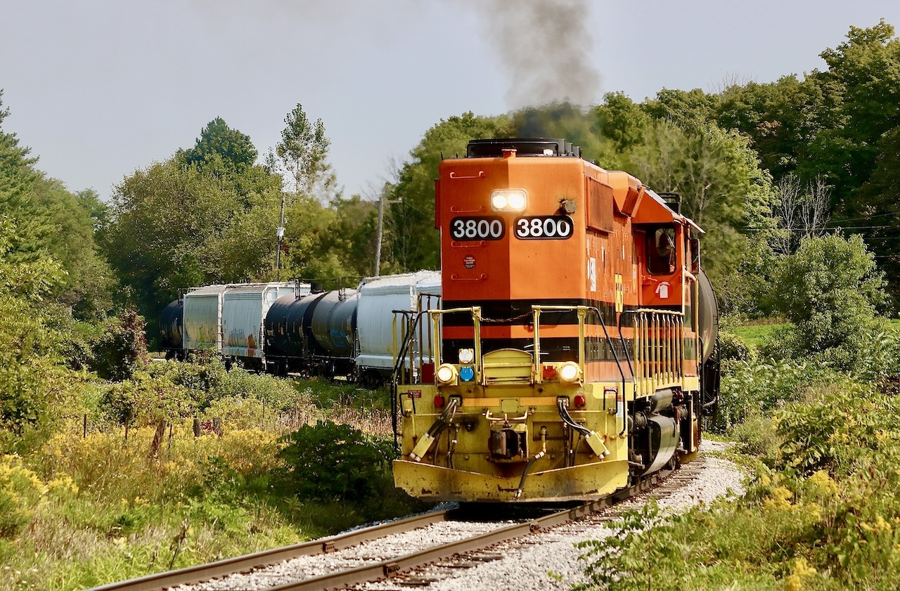 Slugless, it almost seems GEXR’s slugs spend more time out of service, then in. Maybe that’s the reason the other GW railways don’t mind sharing them. Over the years the GEXR has had several slug sets assigned to is operations in Southern Ontario. Sets 3800/800 and 3804/804 are currently assigned the the Guelph Junction operations although a few weeks ago 3800 was mated to 804. This week visit found 804 missing and 3800 running north long hood forward. A decent catch considering most crew probably prefer running short hood forward. This view visibly shows the extra cables added to the mother unit in order to power the slug. Here train 583 heads north just south of Corwhin after clearing out all the cars stored in the siding at Moffat.