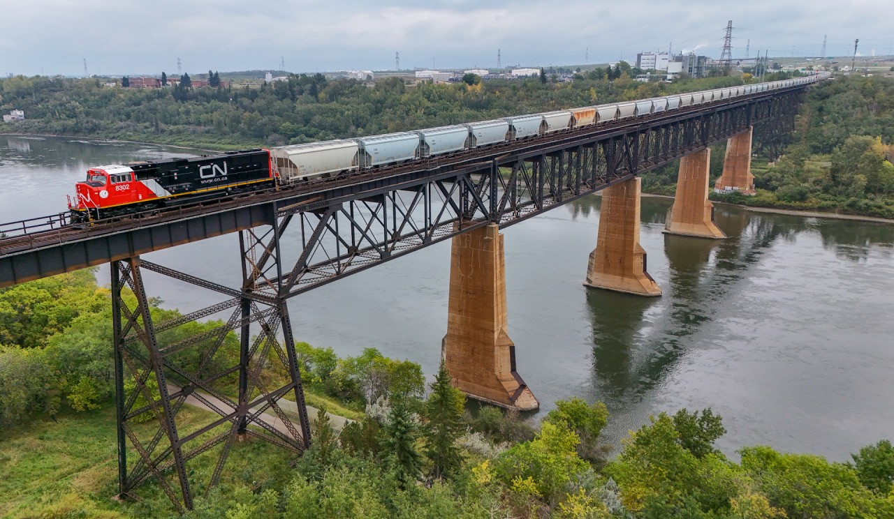 CN SD75IACC 8302 makes her first appearance in Edmonton, Alberta on the point of S 74381 09.  Recently rebuilt by Progress Rail, the 8302, formerly CN 5689, is one of 50 SD75I going through the DC to AC rebuild program.