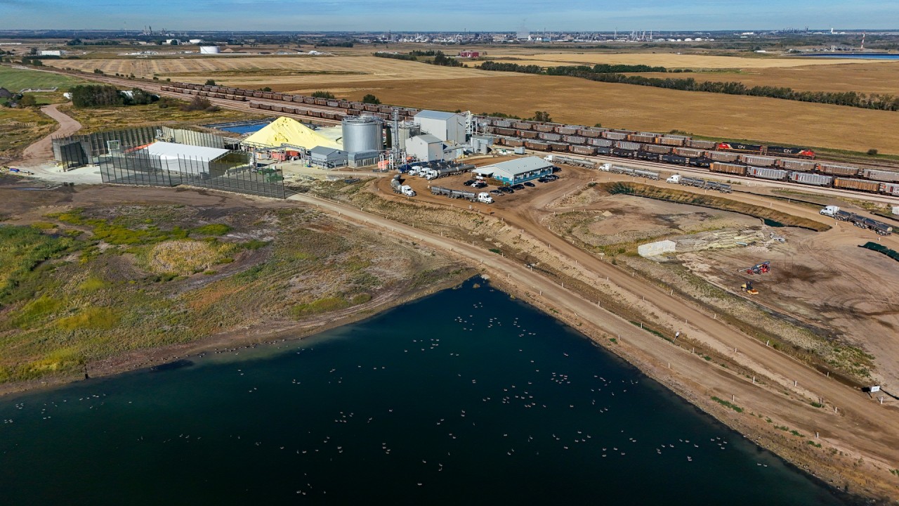 L 74351 16 is in the process of spotting 74 Sulphur cars at the Heartland Inland Sulphur Terminal, just east of Scotford Yard.  The sulphur is trucked in from local refineries and from as far away as Fort McMurray to be shipped west to Vancouver.