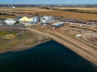 L 74351 16 is in the process of spotting 74 Sulphur cars at the Heartland Inland Sulphur Terminal, just east of Scotford Yard.  The sulphur is trucked in from local refineries and from as far away as Fort McMurray to be shipped west to Vancouver. 