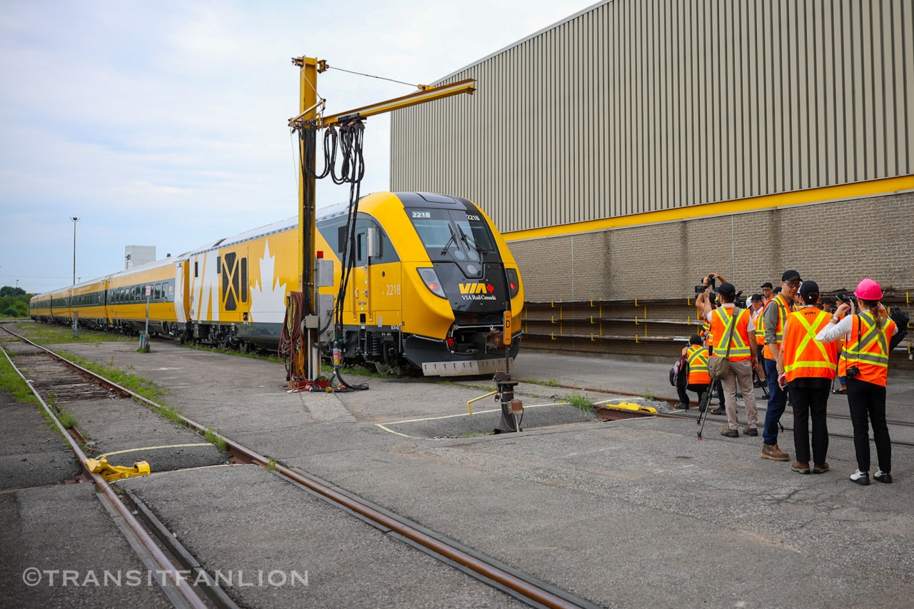 ‘Lumi’ displayed on track M1W for photo op during the unveiling event. 

“Short for luminosity, Lumi is a one-of-a-kind yellow train that will be in service by the end of August. Just like our other new trains, a series of tests need to be performed before going into service: Lumi's tests will start within the next couple of days between Ottawa and Montréal, so be on the lookout!” — from press release of the event.