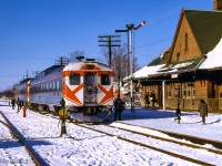 Toronto - Ottawa daily train 34 pauses at Havelock at 1050h.  It will meet its westbound counterpart, 33, 47 miles east of here at Kaladar at 1143h.  This scene was captured during a trip to Smith Falls to ride train 21, a former CNR/CPR pool train, before cancellation as the pool agreement had been cancelled a few months previous.

<br><br>With both the Canadian National and Canadian Pacific Railways seeing sharp declines in ridership during the Great Depression, both companies entered into an agreement to pool some competitive passenger services on Toronto - Montreal and Toronto - Ottawa routes where both operators had similar schedules. The agreement would come into effect April 2, 1933. Montreal - Quebec City operations were added the following year. This agreement would come to an end at midnight on October 30, 1965. CPR overnight pool trains 33 & 34 became CPR daytime RDC runs Toronto - Peterborough - Havelock - Smiths Falls - Bedell Jct. - Ottawa. The CPR overnight pool trains 21 & 22 became luxury late afternoon trains Toronto - Belleville - Smiths Falls - Montreal using equipment from CPR's Canadian, including dining car and dome-observation lounge Park cars in a vain attempt to compete with CN’s afternoon Rapido’s to/from Montreal. By January 1966, it had become obvious that CP couldn’t effectively compete with the Rapido’s, so CP applied and was granted permission to terminate trains 21 & 22. Wanting to ride #21 before it was discontinued, on this Saturday I made a trip on RDC equipped Ottawa train 33 to Smiths Falls and returned to Toronto on train 21, now named the Royal York. The eastbound counterpart, train #22, carried the name Le Chateau Champlain. Both trains being named after CP hotels at each of their destinations.



<br><br><i>Scan and editing by Jacob Patterson.</i>