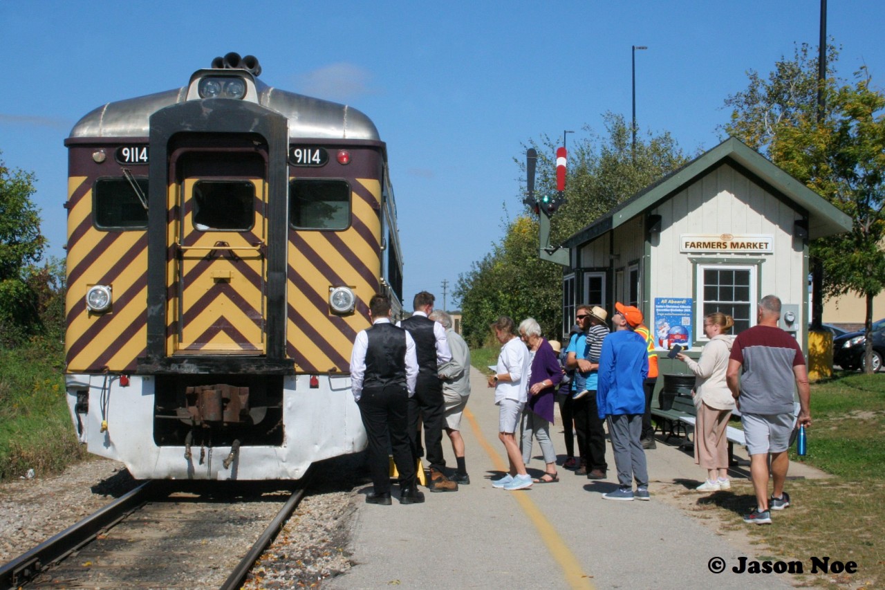 Waterloo Central Railway RDC1 9114 loads passengers for the 12pm Sunday Dayliner excursion at the Farmers Market station in Waterloo on the Waterloo Spur. September 24, 2023.