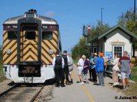 Waterloo Central Railway RDC1 9114 loads passengers for the 12pm Sunday Dayliner excursion at the Farmers Market station in Waterloo on the Waterloo Spur. September 24, 2023.