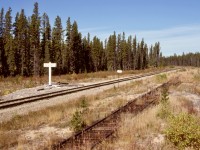 Ten and a bit years after CN’s Alberta Resources Railway was completed in May of 1969 between Swan Landing and Grande Prairie, this was the northward view at downtown Hoff at milepost 57 from Swan Landing, with a new style Station Name Sign apparently having just recently replaced the original.
