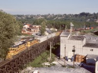 A pair of EMD SD38-2s, BC Hydro 384 and 382, brought a regular westward Valley Freight down Scott Hill and paused at the interlocking signal for the Fraser River Bridge to cross into New Westminster on Sunday 1982-05-09 at 1802 PDT, as seen here from the Patullo highway bridge sidewalk (ear plugs very handy for reducing road traffic noise).

<p>This view was lucky timing for me, as twenty days later on 1982-05-26, a major fire involving the swing span of that Fraser River railway bridge completely disrupted local railway operations on BCH, CN, CP, VIA, and Amtrak, providing many photo opportunities when all rail traffic was detoured via a bridge from Mission City to Matsqui.