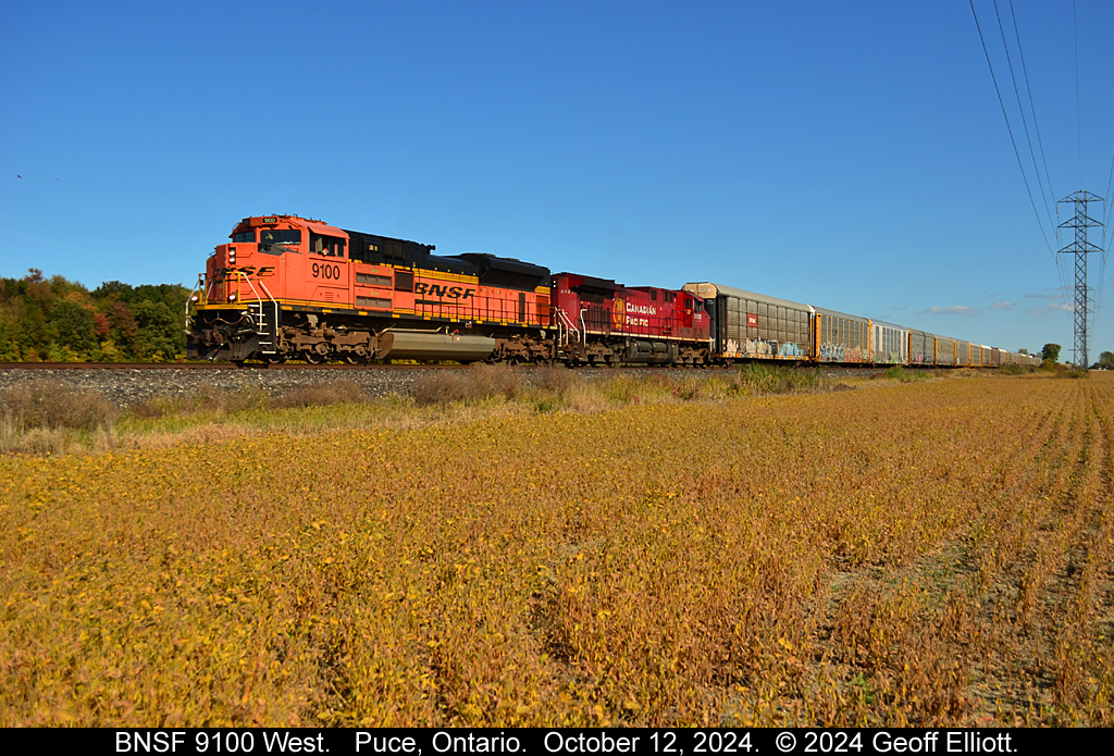 Always nice to have an 'ACe' up your sleeve, but even better to have one on the point. BNSF SD70ACe #9100 leads a CPKC Westbound through Puce, Ontario on this beautiful October 12th, 2024 day.  Fall colors of orange and red are coming through even without the BNSF/CP combo on the train.  :-)   This is by far my favorite time of year to get out and shoot trains....