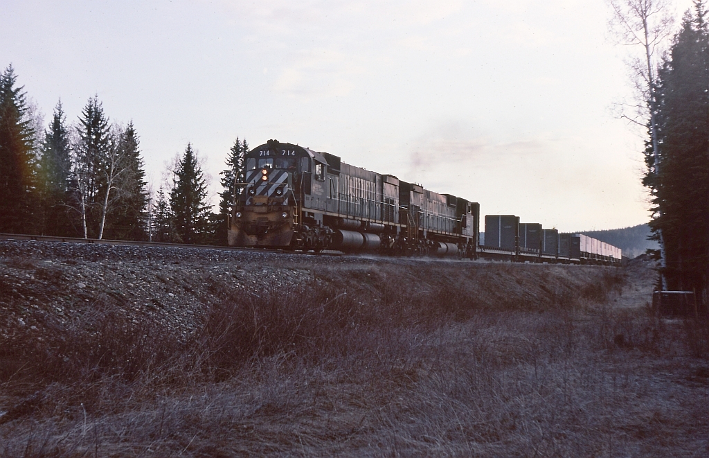 A frosty morning early May 1985.  BCOL 714 leading time table scheduled train #32, the PV symbol and approaching the north switch Crysdale siding.  I was on a northbound freight in the siding waiting for this meet and on the ground doing a roll by inspection.  It's all memories now. I could not attach GPS coordinates. Crysdale siding was mile 440.3, about halfway between Hixon and Prince George.