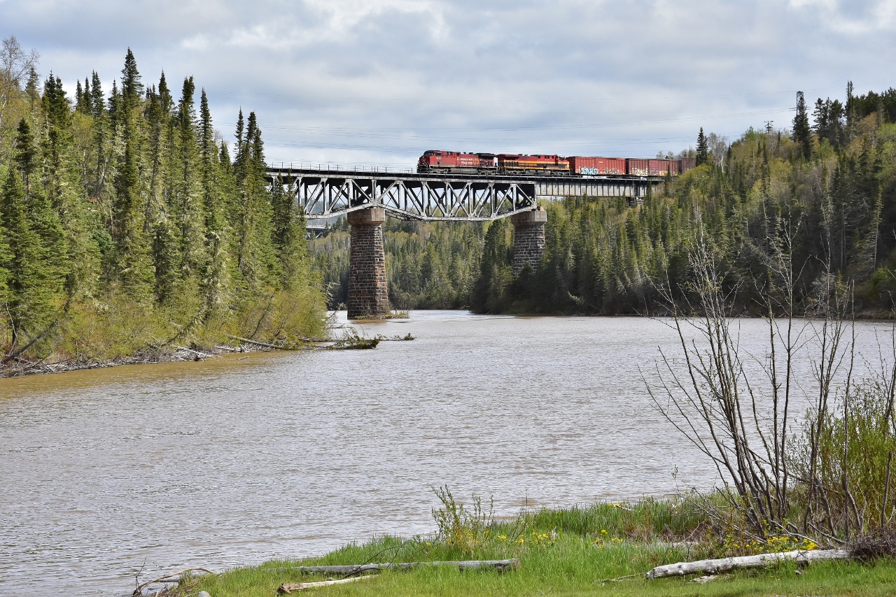 Westbound CPKC train, with CP 8185 and KCS4589, on approach Middleton.


At the Little Pic River, May 28, 2024 digital by S.Danko
 

Same bridge – three different corporate names, two companies:


Canadian Pacific Kansas City Limited – above.


Canadian Pacific Railway Limited


       GE units  


CP Rail - division of Canadian Pacific Limited


       M series  


and VIA Rail Canada Inc.


       F units