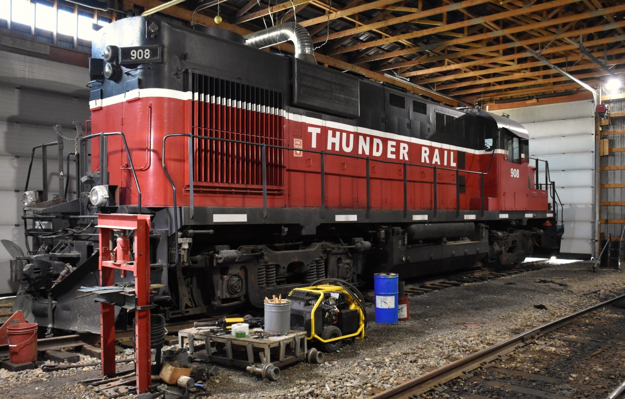 Thunder Rail, a diminutive short line located in East Central Saskatchewan at the village of Arborfield, has an active roster of two MLW units. TRR 2004 is out and so presented an opportunity to photograph TRR 908, (nee Wabash Lake) in the shop building. The Thunder Rail group has recently acquired #906 (for parts) from nearby  Northern Lights Railway, ensuring the 908 can remain operable for the foreseeable future.
The TRR operates 19.4 miles of the old CN Arborfield sub from Arborfield to CN Crane, with rights another 4 miles which allows it to service a grain facility on the CN Tisdale sub.