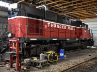 Thunder Rail, a diminutive short line located in East Central Saskatchewan at the village of Arborfield, has an active roster of two MLW units. TRR 2004 is out and so presented an opportunity to photograph TRR 908, (nee Wabash Lake) in the shop building. The Thunder Rail group has recently acquired #906 (for parts) from nearby  Northern Lights Railway, ensuring the 908 can remain operable for the foreseeable future.
The TRR operates 19.4 miles of the old CN Arborfield sub from Arborfield to CN Crane, with rights another 4 miles which allows it to service a grain facility on the CN Tisdale sub.