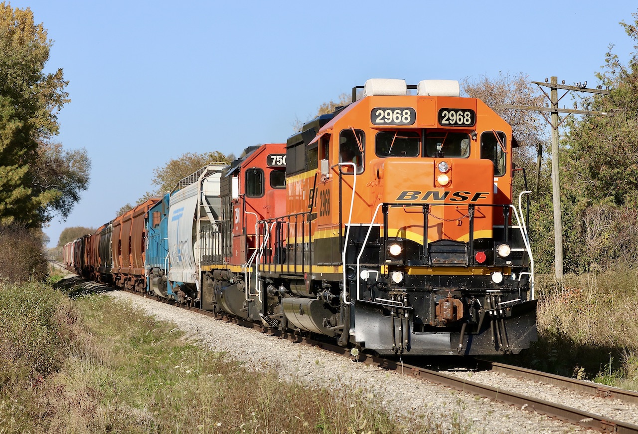 DPU alright! Well, not really, LOL. CN 568 rearranged its power at St. Mary’s today so the when it dropped all of its cars at Kelly’s other then a lone hopper they could avoid running around the rest of the train. Here the westbound trip is just south of St. Mary’s.