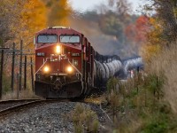 Symmetry. It's why I fell in love with railroading. It started with CN's ore train where I would sit at the station went the family would come into Bracebridge for laundry day. I was lucky enough that my parents would trust 10-year-old me to not get run over while they left to do groceries for a hour or so. I can't remember if Bracebridge still had an operator in those days; I think so but I was too shy to bother them. It graduated to grain trains and a sea or "Trudeau hoppers", all perfectly aligned. Coa; and sulphur trains too. For reasons i can't explain, it doesn't apply to autorack or container trains, but we're all a little eccentric. Which brings us to today; a perfect string of tanks (the idler happily hidden with the power) stepping its way across the Galt Sub as the wind rapidly knocks down too many leaves. Hopefully, the crew was amused as I tried to balance on the roof of my Civic as the wind tried to deposit me back on Mother Earth. While railroading seems to have become a little too ubiquitous...2 GE's and 10000 feet, this is still special.  