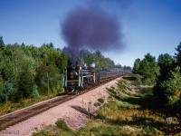 CNR 6167 leads a runby near mile 127 of the Beachburg subdivision, about four miles west of Achray (mile 123), as the UCRS special from Ottawa to North Bay cuts across the wilds of northern Ontario.

<br><br>The weekend of September 13 - 15, 1963 marked a massive undertaking by the Upper Canada Railway Society, a 692.2 mile excursion from Toronto - Ottawa - North Bay - Temagami - Toronto, with seventeen coaches behind CNR 6167. With the train having run overnight from Toronto - Ottawa on the 13th, the train turned west and departed the nation's capital early on the 14th. 6167 would be removed at North Bay, with ONR FP7s 1521 and 1511 handling the train to Temagami overnight. The consist returned to North Bay on the morning of the 16th, with 6167 taking over once again for the return to Toronto.

<br><br>Further information will be detailed in upcoming posts, but can also be found in the December 1963 UCRS news letter.

<br><br><i>Scan and editing by Jacob Patterson.</i>