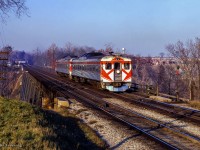 CPR's employee shuttle RDCs are seen westbound over the west leg of the River approaching the Wicksteed Avenue grade crossing and Leaside station.  The shuttle ran between Agincourt Yard, Leaside, North Toronto, and Lambton Yard.

<br><br><i>Scan and editing by Jacob Patterson.</i>