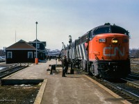 Train 50, the <i>Lakeshore,</i> makes its stop at Belleville.<br><br><i>Scan and editing by Jacob Patterson.</i>