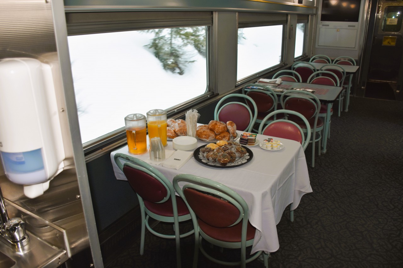 You won't go hungry  
These pastries are available to Sleeper Plus passengers all day, every day on VIA #1 & #2 The Canadian.
There is also a selection of coffee, teas, and hot chocolate, along with fresh fruit. 
I love the snack table! :-)