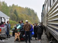 <b> Hey everyone, the train is here! </b> <br>
VIA 692 The Hudson Bay has arrived at Thicket Portage, MB on a cool and misty September 20, 2024 afternoon and the town folk have gathered to pick up groceries and other supplies. <br>
Even the town pooch is excited to participate in the event. :-) <br>
<b> https://www.manitoba.ca/inr/publications/community_profiles/pubs/thicket-portage-2016.pdf </b>>>>