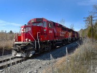 With EMD GP20C-ECO 2242 leading, T08 is on its way to Havelock and Blue Mountain with a short consist today (October 22), just east of Peterborough.