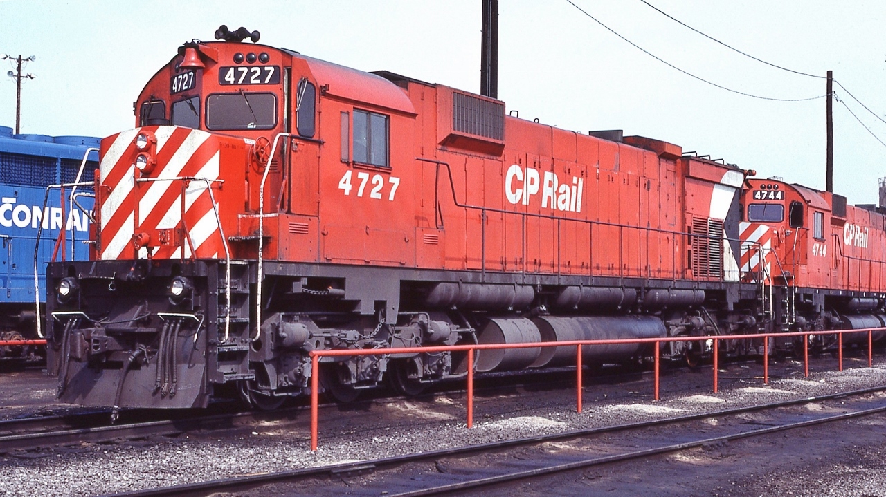 Seventies  - Super -  Power


MLW 1970 built M-636 #4727, and


one of a kind MLW 1971 built M-640m #4744


at CP Rail Agincourt  April 19, 1981 Kodachrome by S.Danko


( And a ConRail, just a common, geep )


more  S – S - P


       trio  


sdfourty