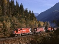 West of Revelstoke by 21.6 miles and a bit over a mile east of the east switch of Taft, CP and the Eagle River and the TransCanada Highway were squeezed through a small gap, and by climbing a gravel bank, a view excluding the highway was possible.  On Sunday 1974-10-13 at 1211 PDT, that worked well for a westward loaded Coleman coal train (note cross-hoppers with bottom-dump doors rather than bathtub rotary-dump gondolas) with all-SD40-2 power CP 5821 + 5660 + 5618.