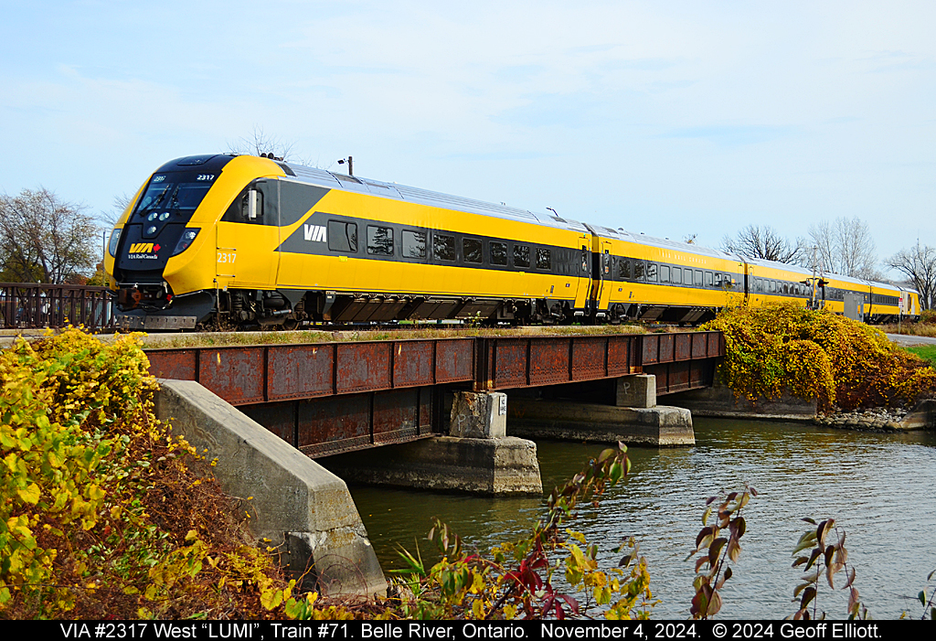 VIA's "LUMI" Charger set makes it's first appearance on the VIA Chatham Sub today, November 4, 2024, as it passes through Belle River, Ontario.  Reminiscent of the VIA Turbo Train in appearance, but certainly not in sound, as I remember seeing and hearing the Turbo once running east of Toronto when I was a kid.