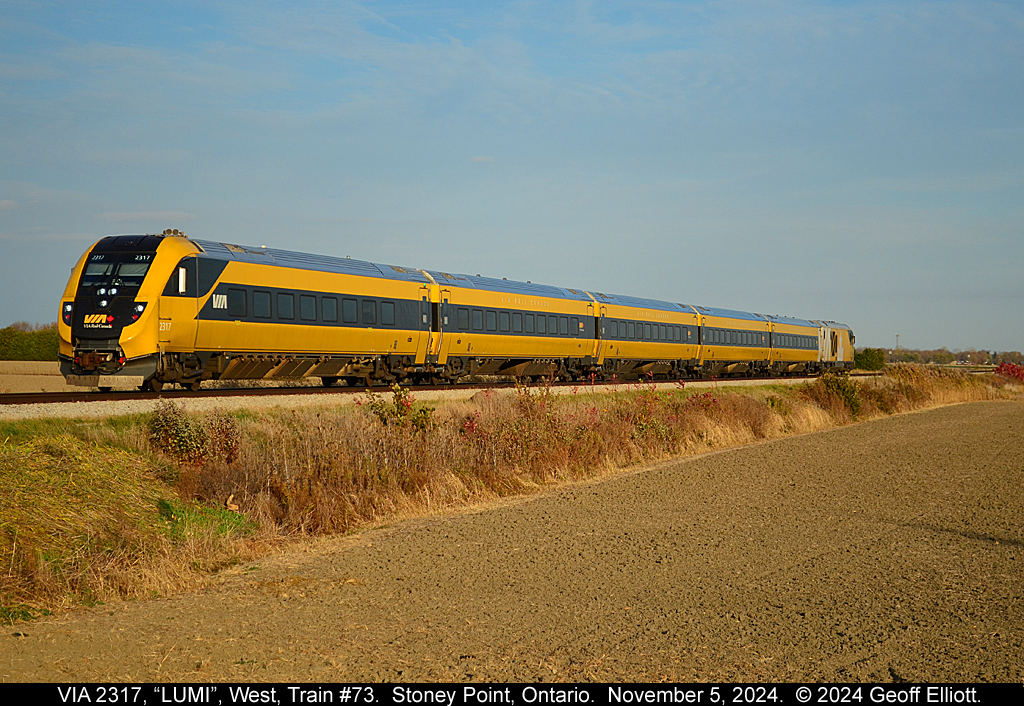 VIA's new "BIC Banana" Charger Set speeds across the Essex County country side into the late afternoon "golden hour" sun on November 5, 2024.  Train #73 is running about 40 minutes late today due to issues along the line between London and Windsor, but fortunately that worked in my favor today.