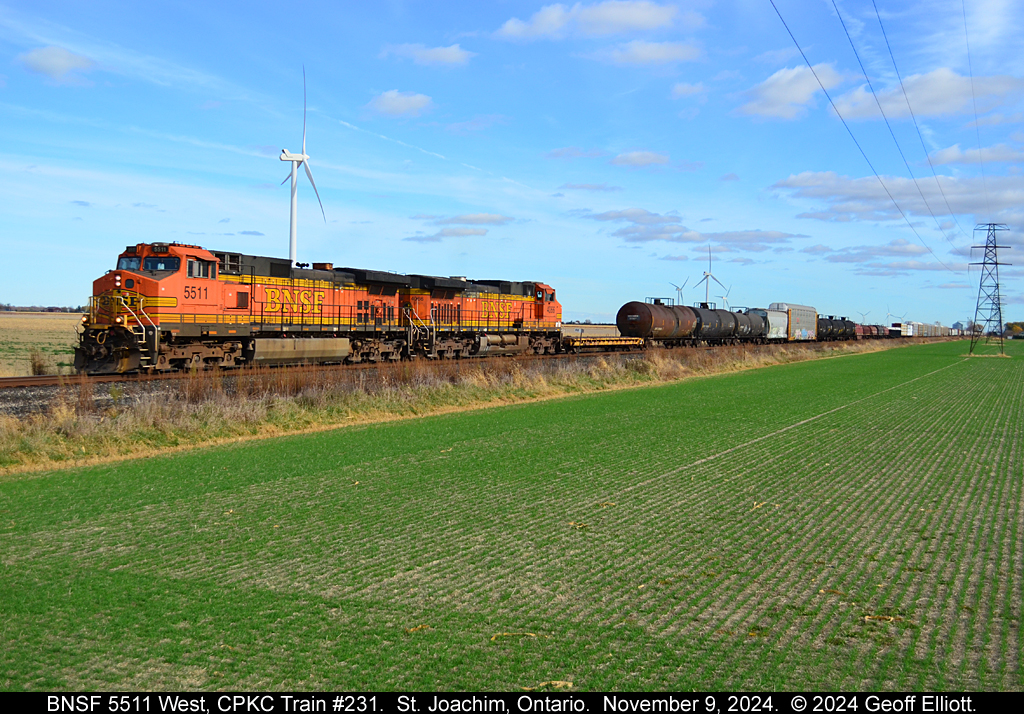 With winter wheat popping up now a pair of BNSF GE's lead CPKC Train #231 across the CPKC Windsor Subdivision at MP 88.0 on November 9, 2024.  This pair had been running east out of London on the 238/239 trains to/from Welland but were changed out with 231's power in London this morning to my benefit.  :-)