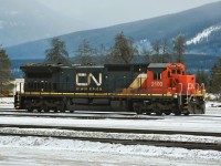 <b> Training Mode </b> <br>
CN 2100 sits in the yard at Jasper, AB on this cold and hazy afternoon waiting the next tour of duty with new conductor trainees.