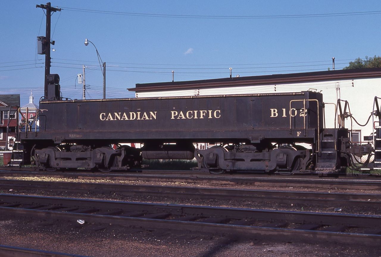 CP B102 was built by MLW in 1957. It is class SB-10b and weighs in at 230,000 pounds. CP had 4 slugs built new by MLW: B100 and B101 in 1951 and B102 and B103 in 1957.  The unit was photographed in Thunder Bay.  Location on map is a guess.