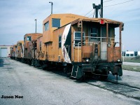 Viewed during an October morning, the caboose shop at CP’s Toronto Yard in Scarborough, Ontario is full of cabooses awaiting attention or their next assignments.