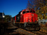 CN 9677 leads CN 500 past some fall colours in the Port of Montreal.