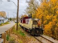 The annual increase in fall propane traffic is underway on the OSR, requiring the St. Thomas job to resume its full Mon - Fri schedule. With a heavy day of switching complete, Conductor Lucas rides the point through Ingersoll as they return to the Salford shop.