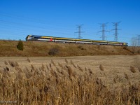 While Metrolinx projects were underway on the Kingston Sub over the weekend, VIA was detouring their trains over the York and Bala Subs around the work block.  Here, a delayed 643 is about halfway between Pickering Junction and Doncaster, passing mile 9 of the York Sub.  Via 63 with 904 leading will follow about six minutes behind.