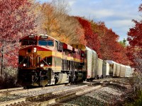 KCS colours certainly do add to Ontario's autumn hues. Unfortunately the colours don’t last long here and this year Meadowvale is one of the few places I have been able to go to to take in the colours. Here a somewhat late 135 is seen slowly climbing the slight grade after stopping due to mechanical issues at Erindale. They will be forced to stop one more time at Milton before finally heading on their way. 