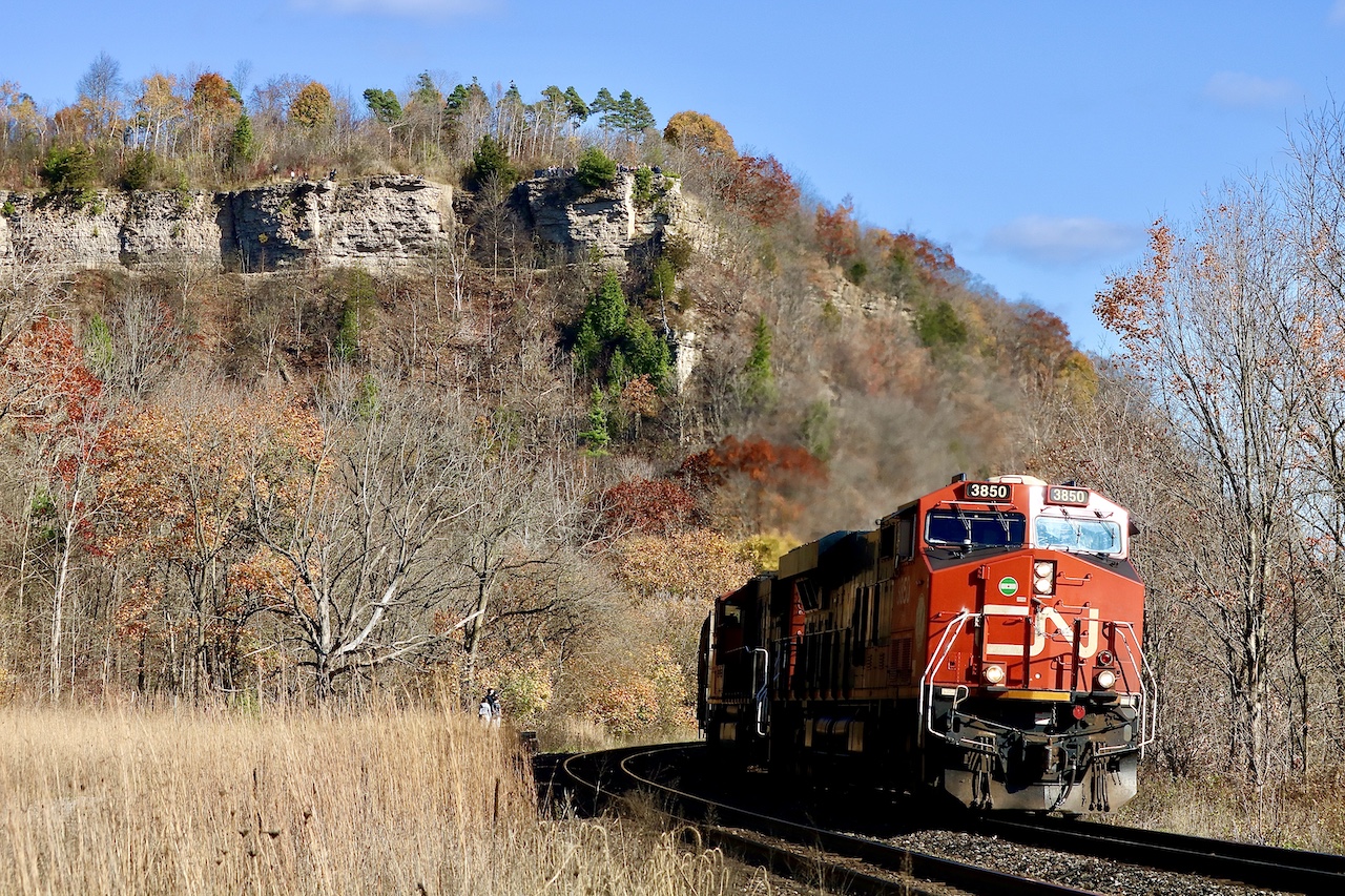 It’s been way too long since I’ve spent time here. I remember in my early years the tracks still existed here behind the demolished station site. The old crumbling platform disappearing in the weeds. Unfortunately I’m a week or two too late for lush autumn colours but I’m not complaining. The sound of a GE and EMD tackling the Niagara Escarpment is music to my ears. Dundas certainly has a certain charm, and always will.