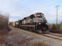 The Monday train approaches Patterson Road in Barrie. Its hard to beat a 66 year old good looking high hood GP-9. Before Cando took over the Meaford and Beeton subdivisions the last high hood I saw in Barrie was CN 4385 back in 1988. 